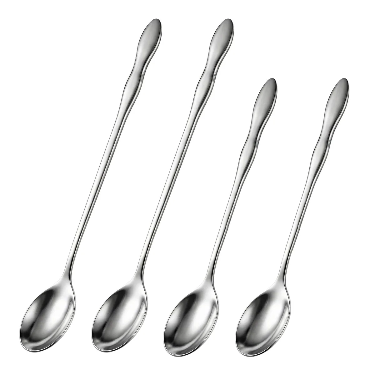 Four silver stainless steel long spoons with gourd-shaped handles, two at 7.9 inches and two at 10.3 inches