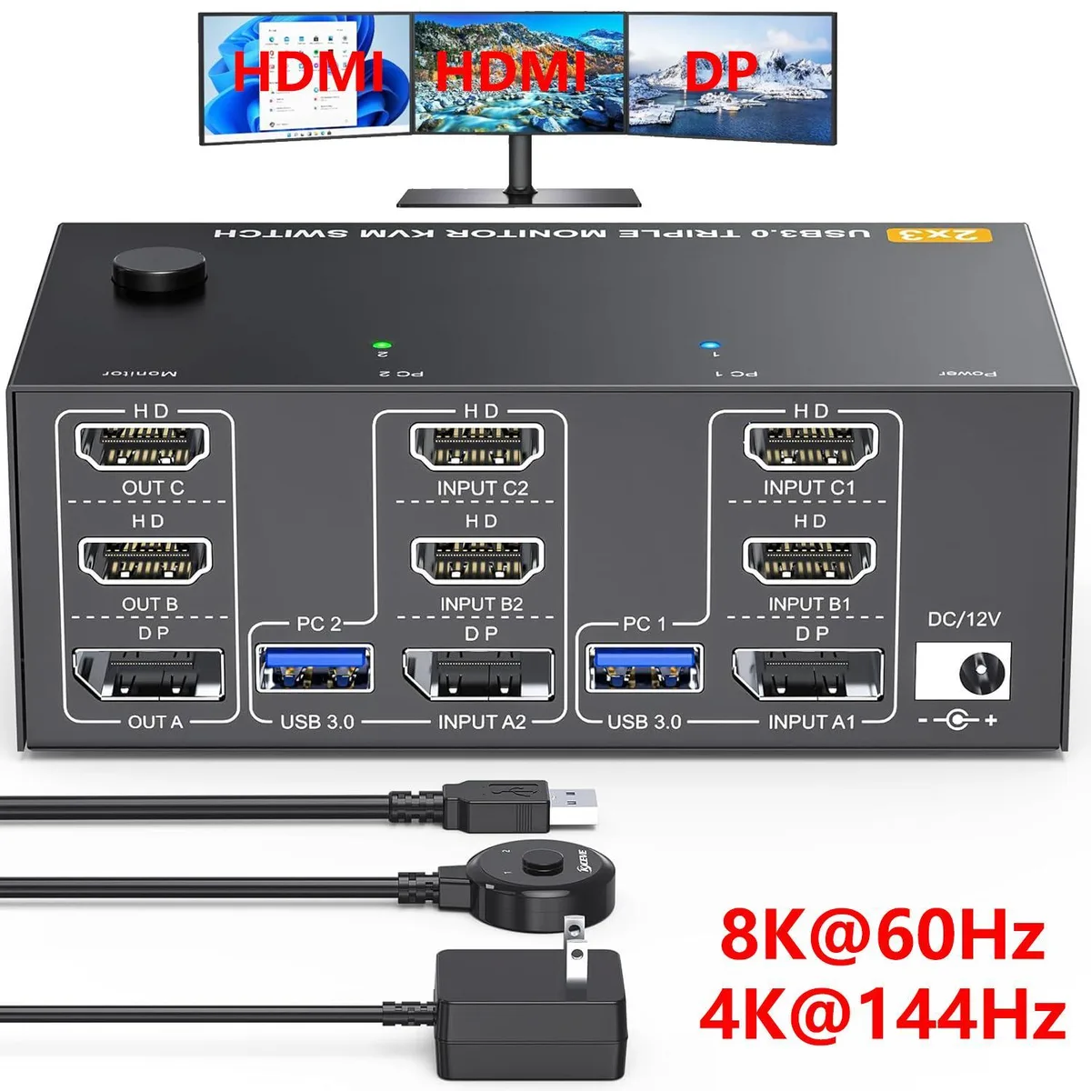 WRIARICH WRIARICH 203HHD 2 HDMI + 1 DP KVM Switch 2 PCs 3 Monitors 8K@60Hz 4K@144Hz USB 3.0 Wired Remote — product photo