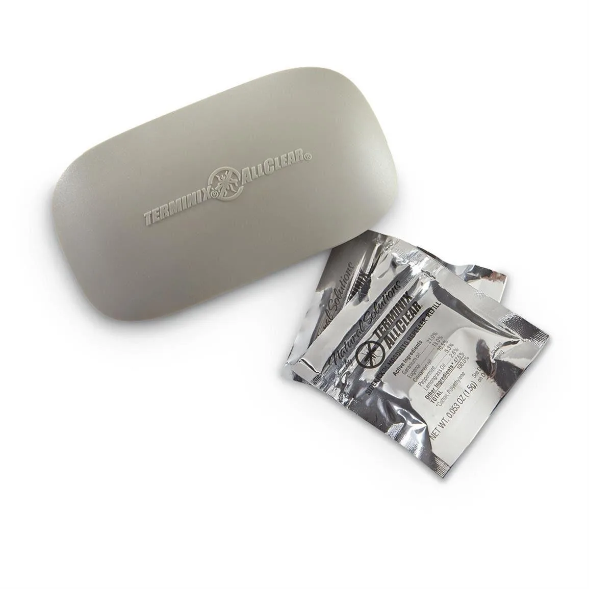 White clip-on mosquito repeller unit with refill cartridge and batteries included