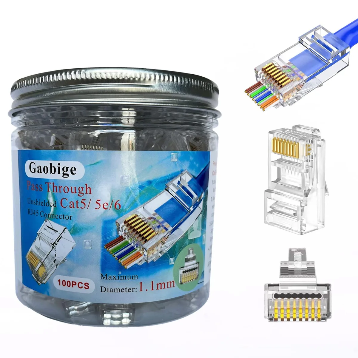 KEHIPI KEHIPI 100-Pack Cat6 RJ45 Pass-Through Connectors 1.1mm Gold 24-26 AWG — product photo