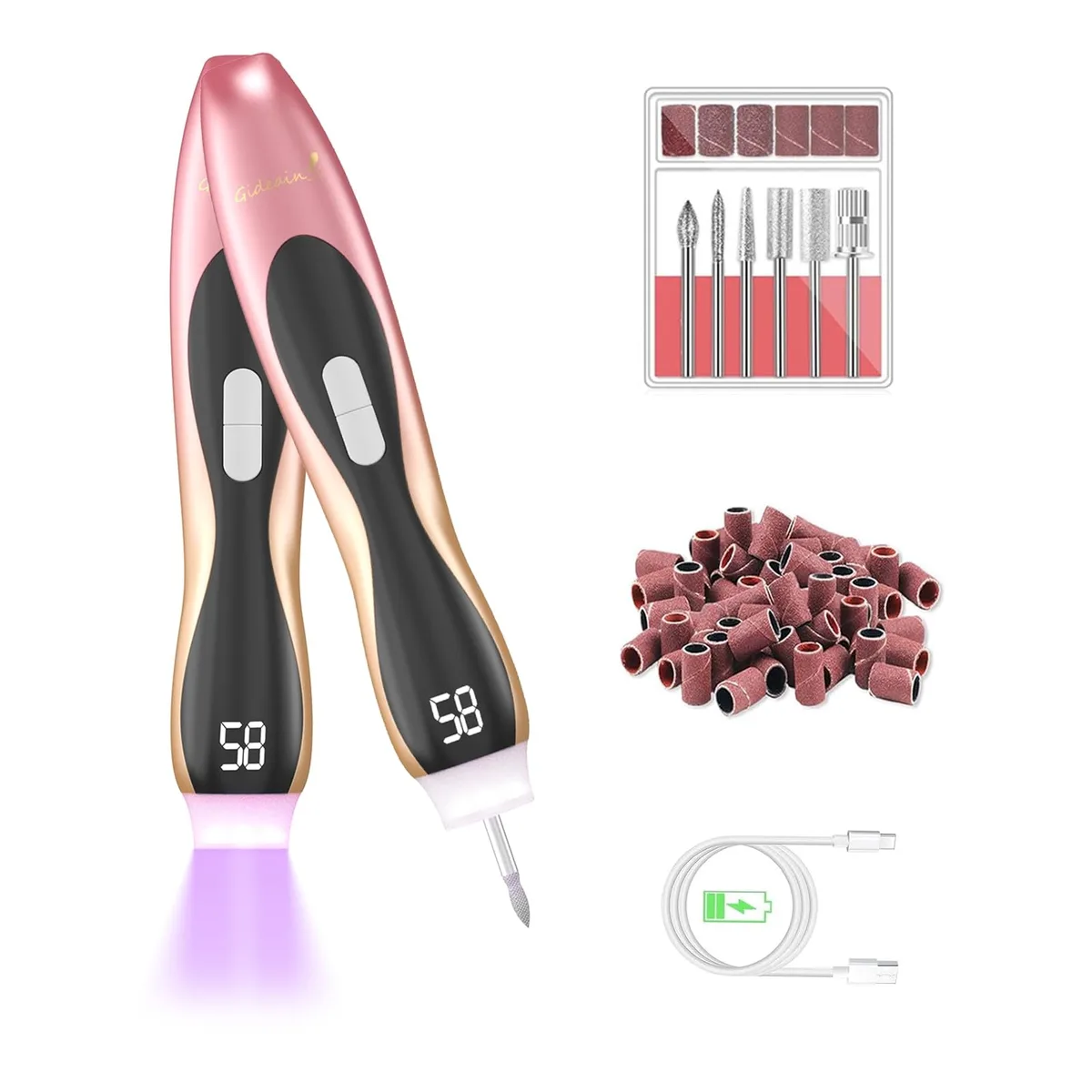 Pink cordless nail drill handpiece with six bits, lightweight plastic body