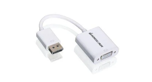 White DisplayPort to VGA adapter cable with connectors at each end