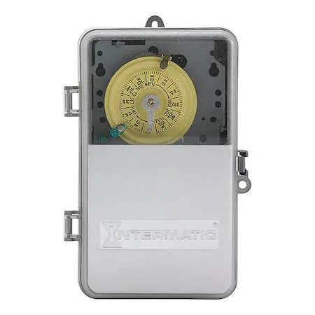 Gray plastic electromechanical timer enclosure with clear door
