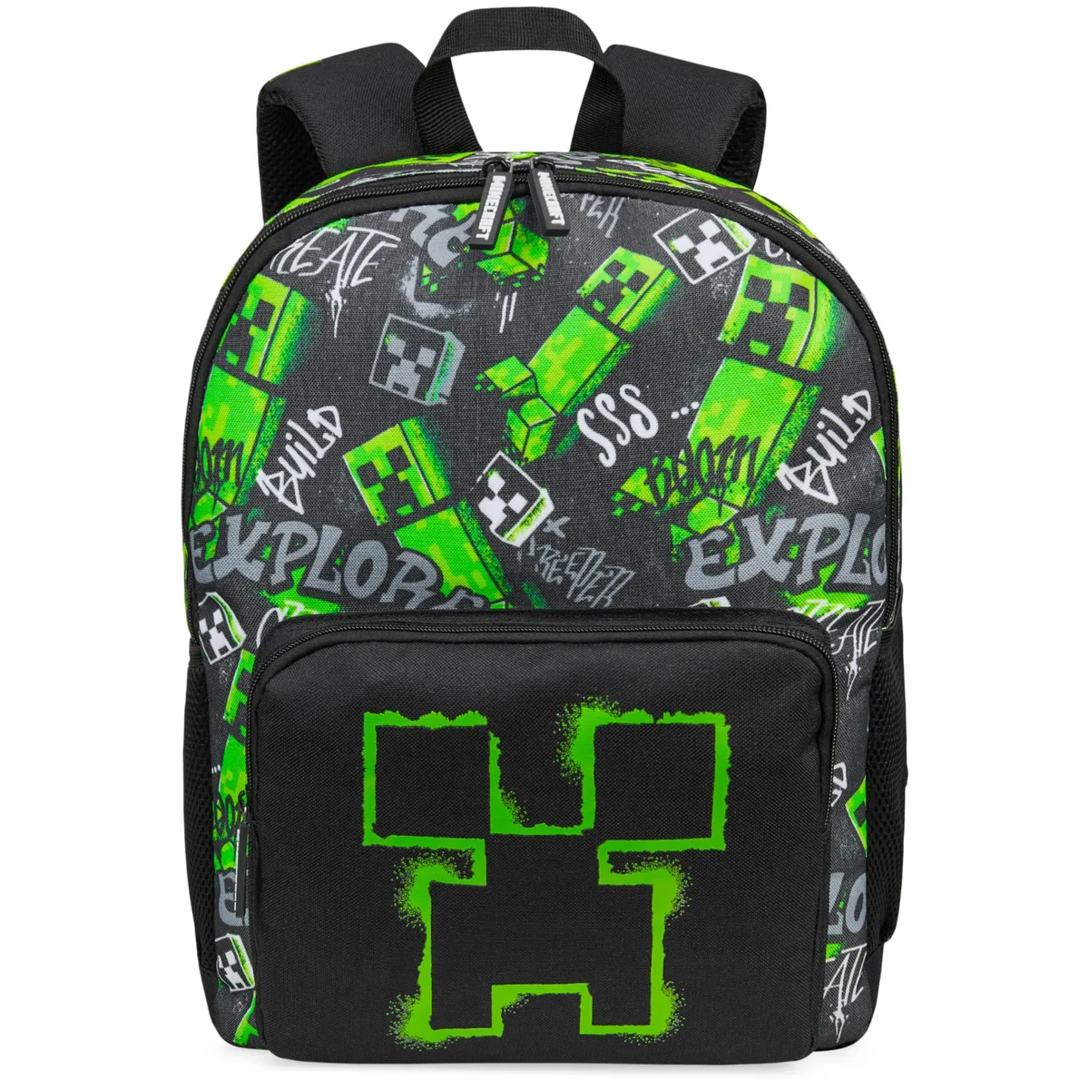 Black polyester backpack with green Creeper pixel print, 18 inch tall, padded straps, 15 inch laptop sleeve