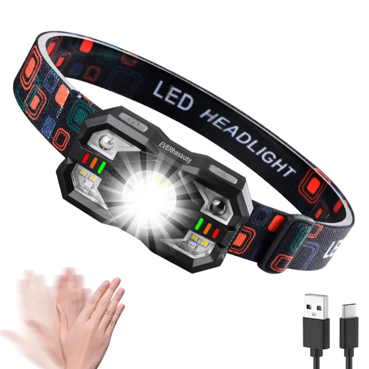 Lightweight cylindrical headlamp with adjustable elastic headband and motion sensor