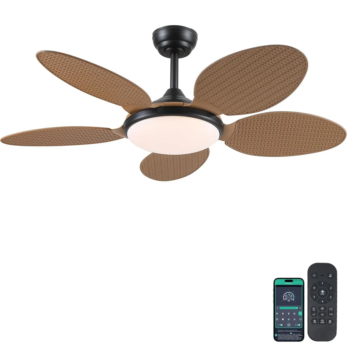 48 inch tropical ceiling fan with five palm leaf blades and large acrylic light shade, light brown finish