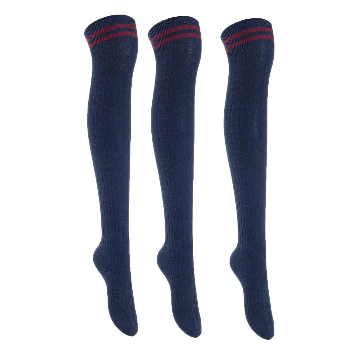 Navy thigh-high cotton socks, three pairs, ribbed cuffs, smooth knit texture