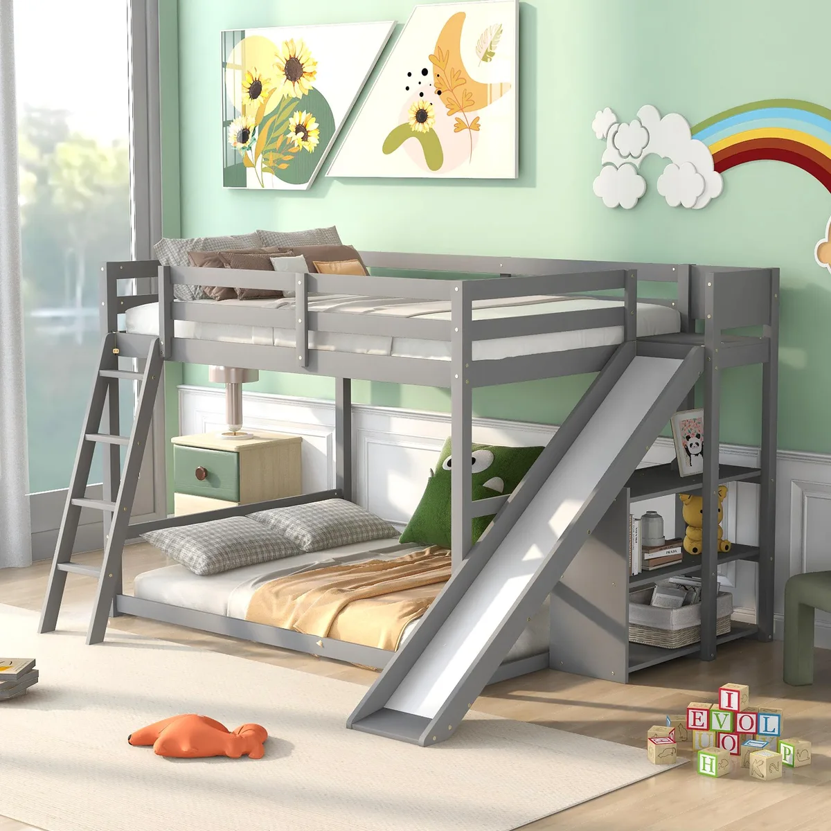 Gray pine full-over-full bunk bed with ladder, slide and built-in shelves