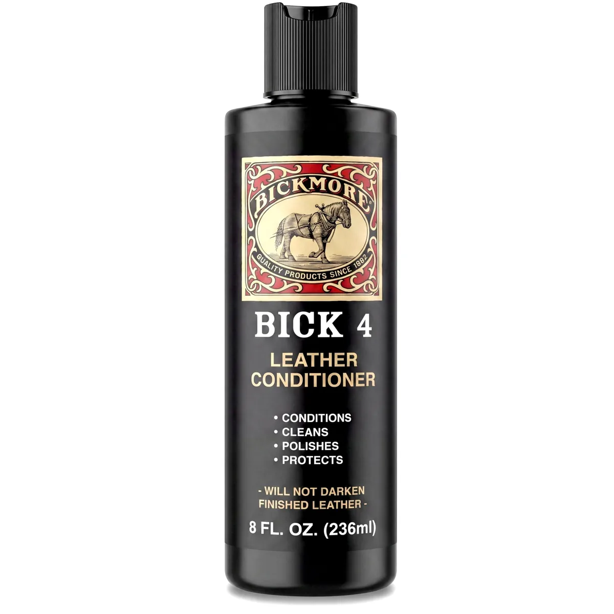 White rectangular 8 oz bottle with black label and black cap