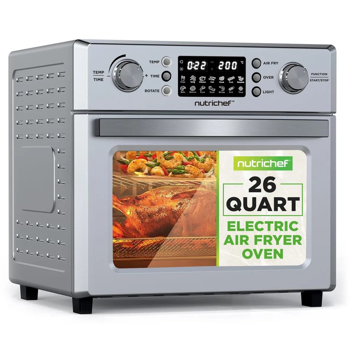 Silver countertop air fryer oven with digital touch panel and rotating basket visible