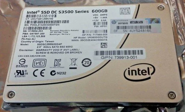 Silver rectangular 2.5 inch SATA SSD with label showing Intel DC S3500 600GB