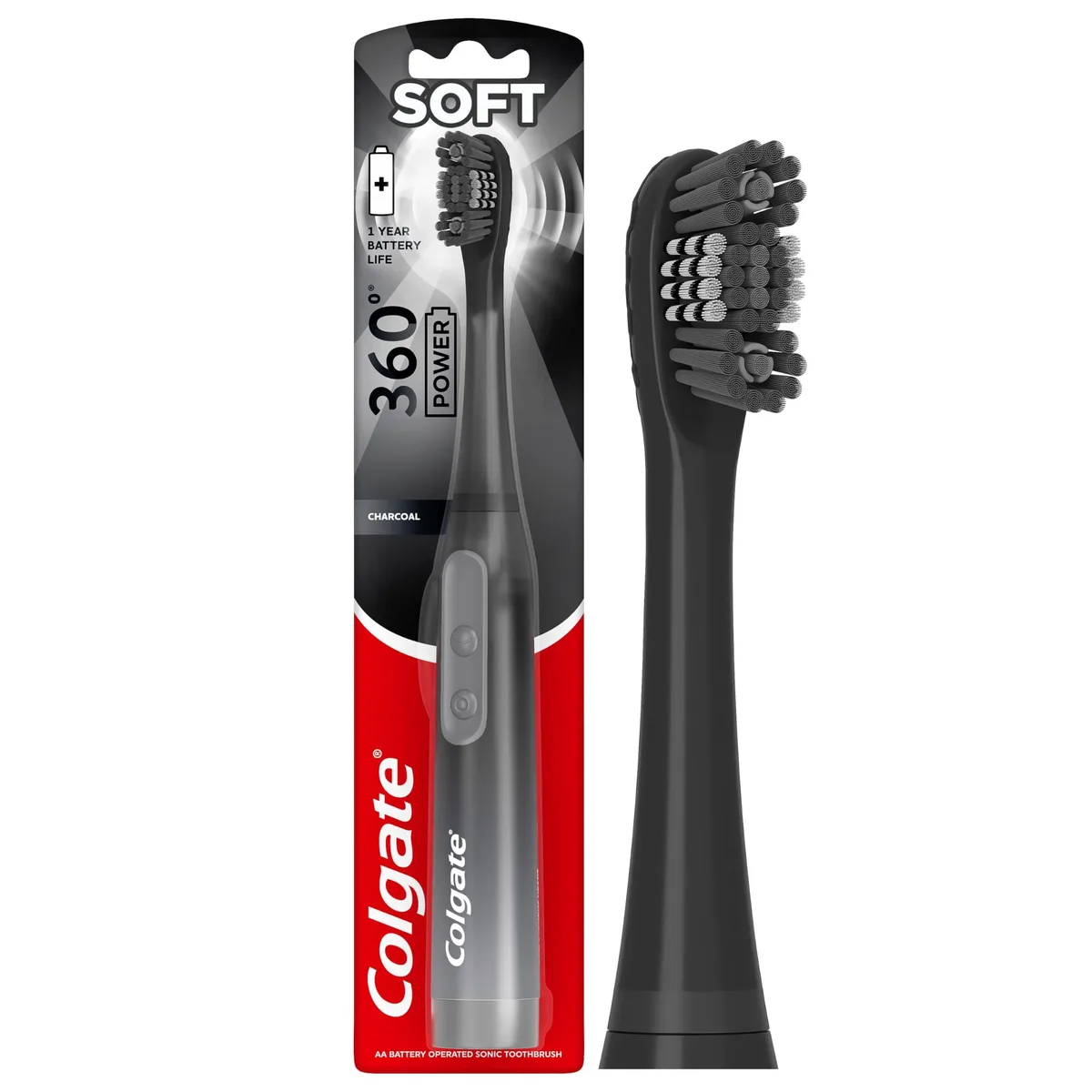 Black battery-powered toothbrush with rubber handle and charcoal bristles