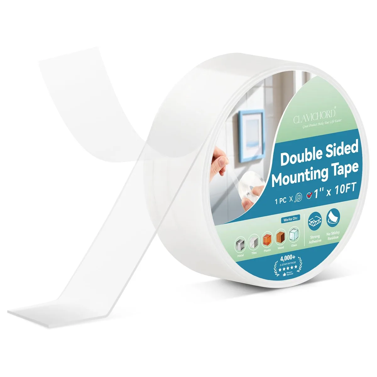 Clear acrylic double-sided tape roll 10 ft length 0.08 inch thick transparent blue finish