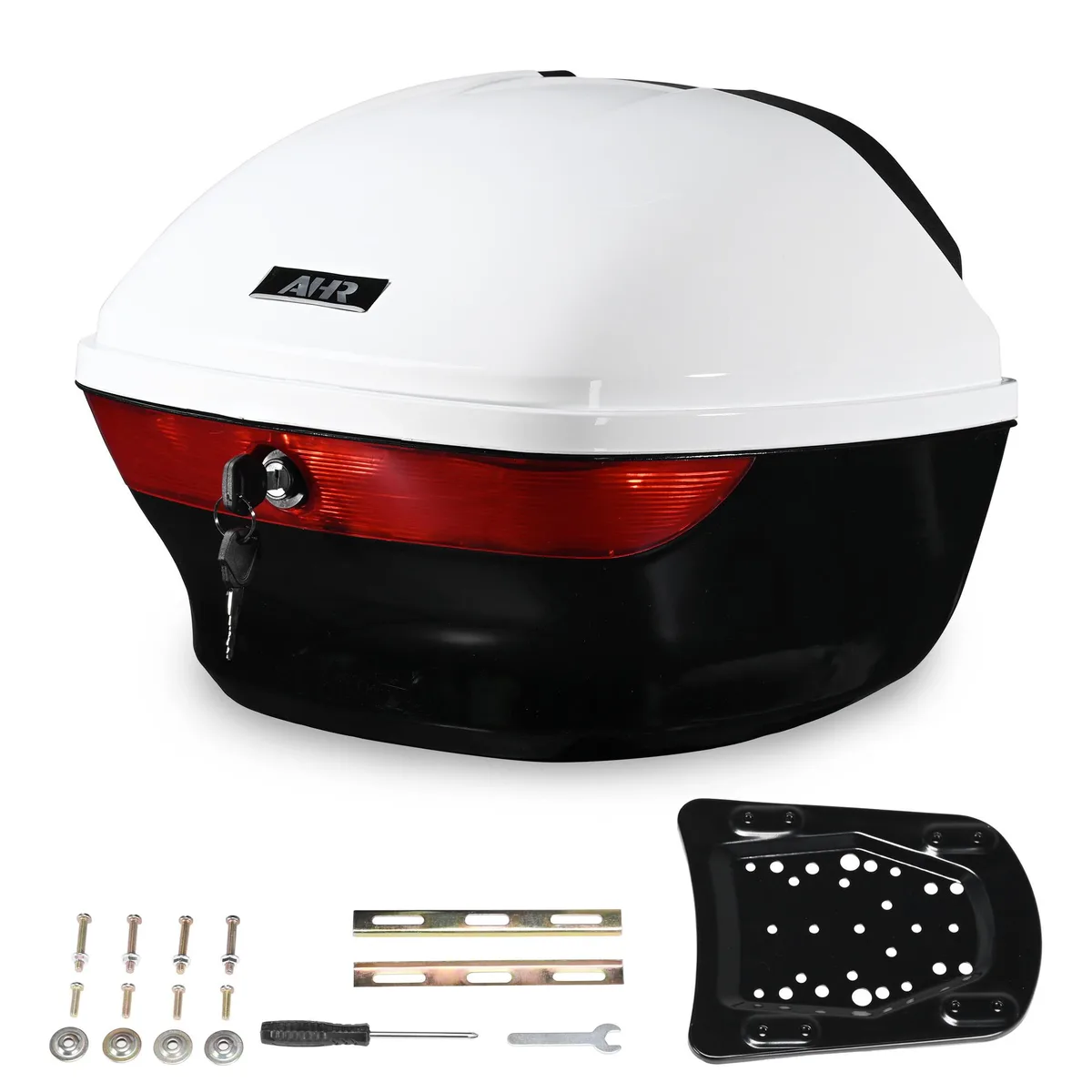 White glossy 33L motorcycle top case with reflective strips and cushioned backrest