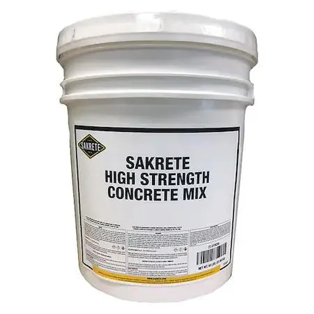 Gray 50 lb concrete mix in a pail