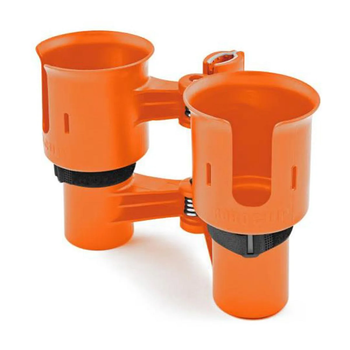 Orange clamp-on caddy with two cup holders and adjustable straps
