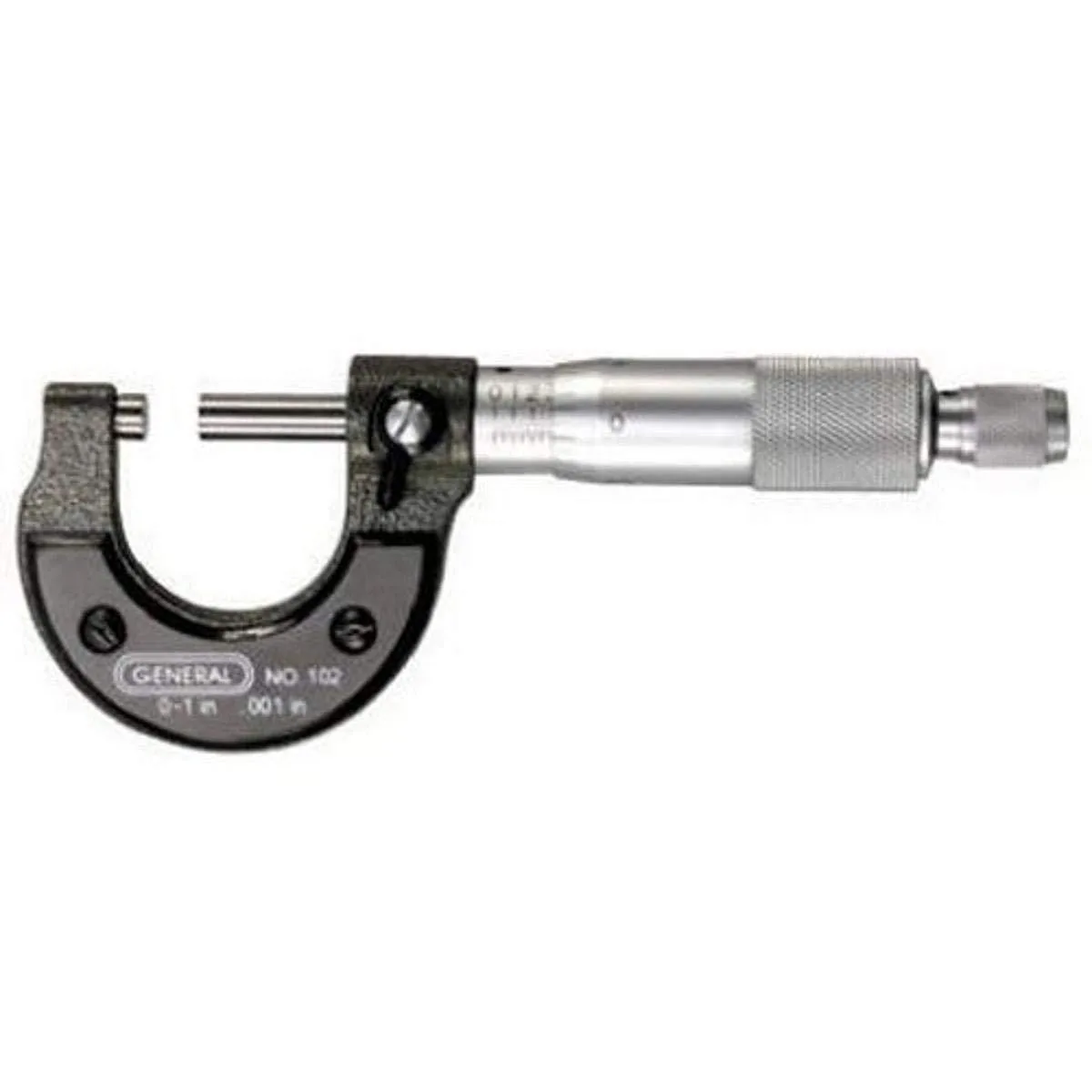 Satin chrome micrometer with black graduations, 0-1 inch range, carbide faces, lock and wrench included