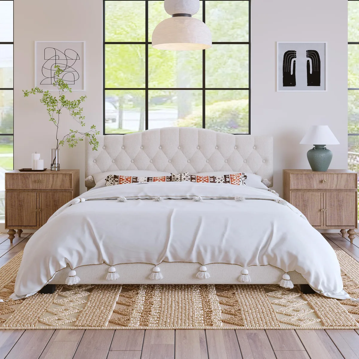 King-size beige linen upholstered platform bed with curved adjustable headboard, diamond tufting, wooden slats and metal support