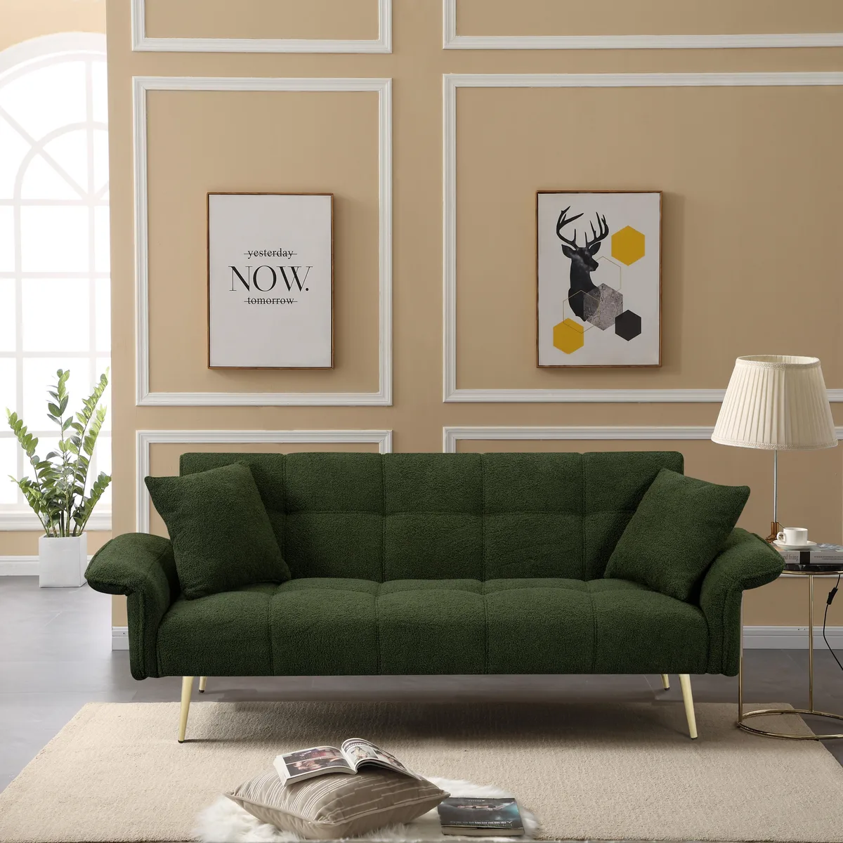 Green futon sofa bed, 70.1 inches, convertible with folding armrests, teddy velvet fabric, wooden legs