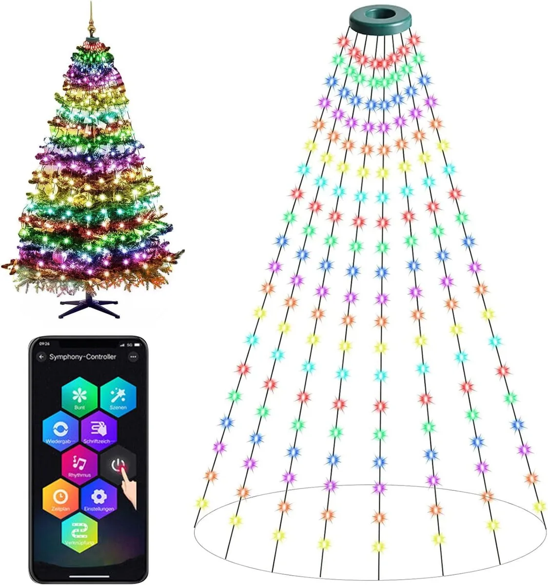 Eight waterfall light strings on a top ring, 160 LEDs, IP65 waterproof, USB powered
