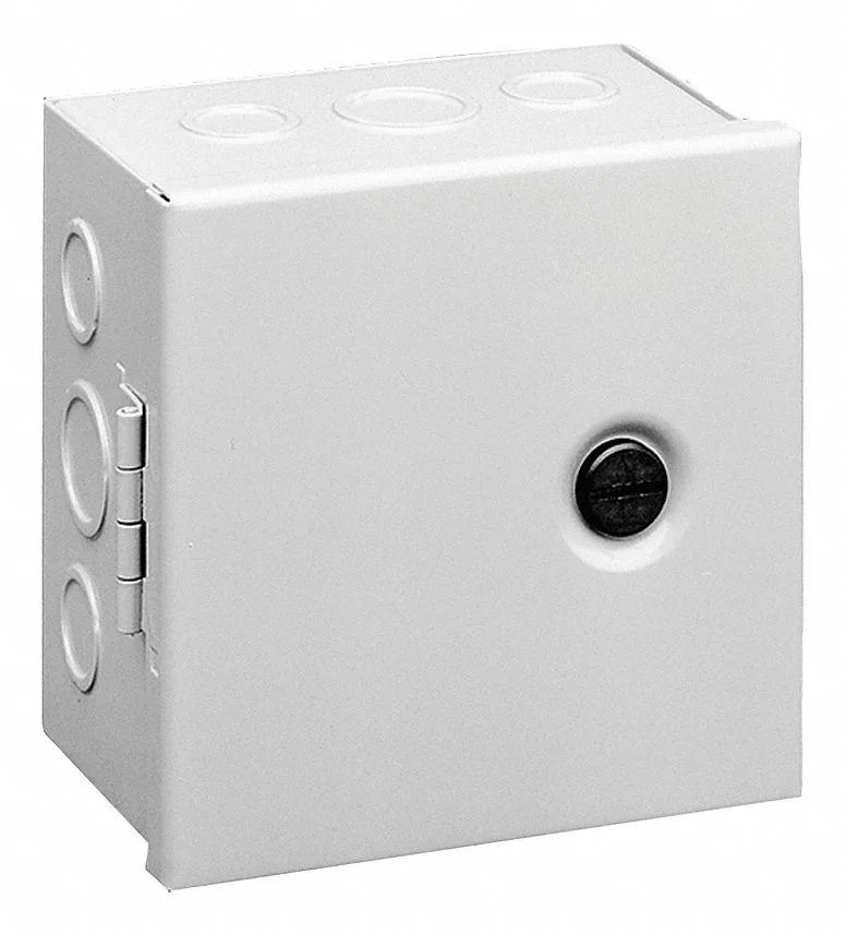 Gray powder-coated carbon steel wall-mount enclosure with 1/4-turn latch, 10 in high, 4 in deep