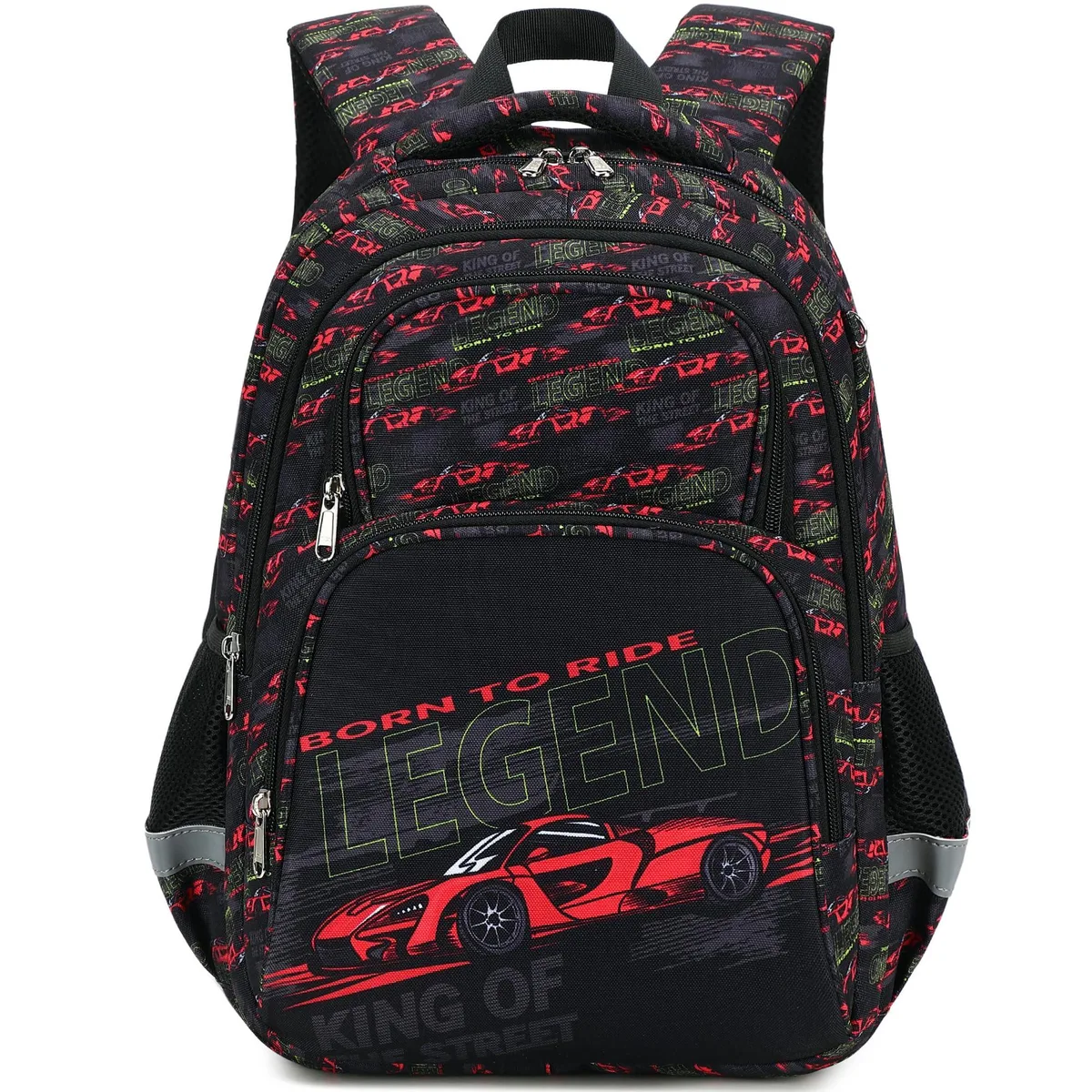 Black kids' backpack with car pattern, 16 inches tall, polyester, water-resistant
