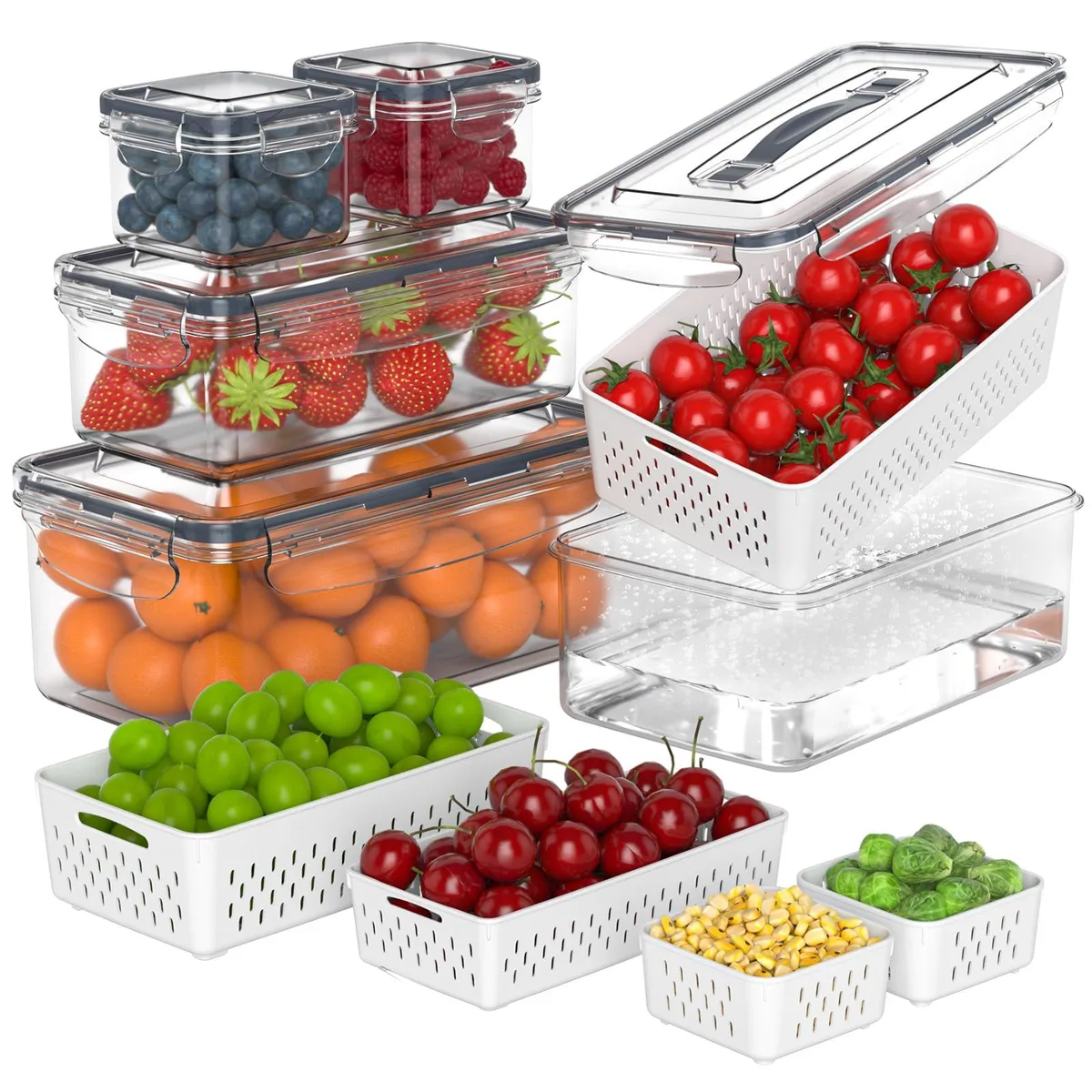 Set of five red rectangular food containers with removable colanders and airtight lids