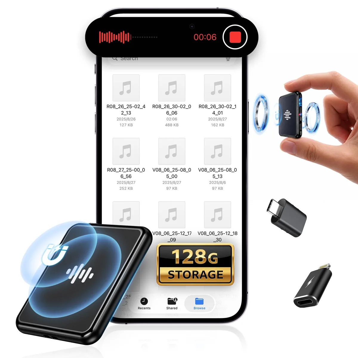  Sbwwas LX189 128 GB MP3 AI USB-C magnetic voice recorder — product photo