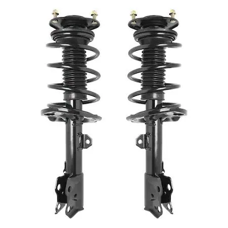 Pair of silver front strut assemblies with coil springs and top mounts