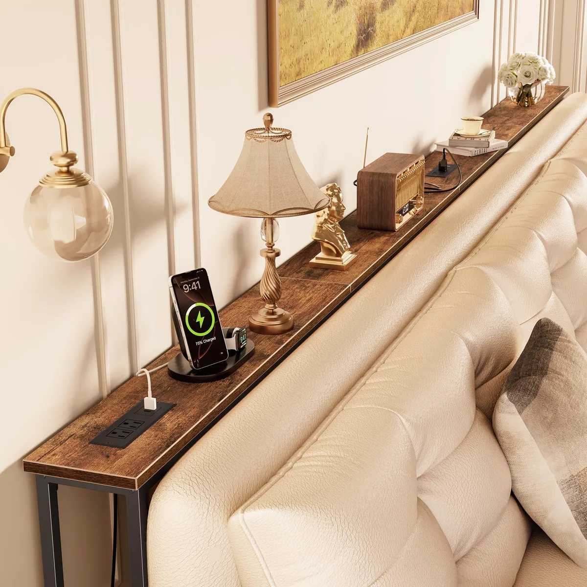  118 Inch Console Table with Power Outlets USB-C 5.9 Inch Narrow Rustic Brown — product photo
