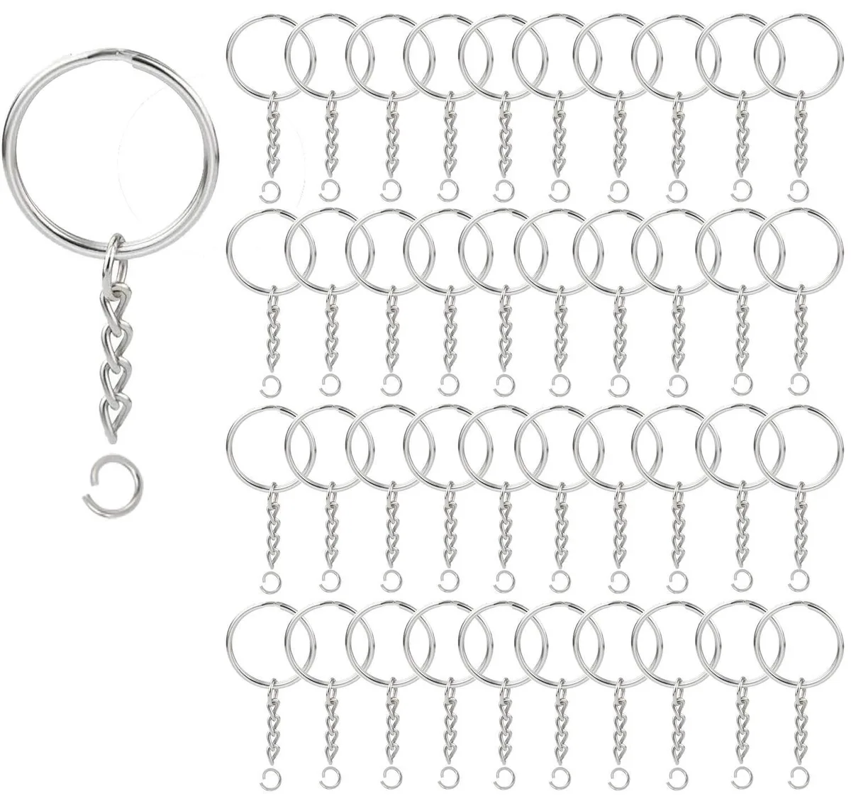 Bulk pack of 100 silver key rings with chains and .4in jump rings