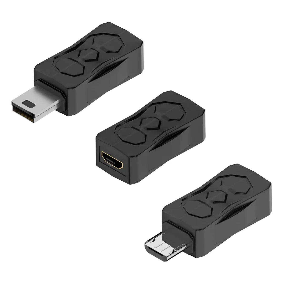 Three black USB adapters, Micro and Mini connectors, compact rectangular shape