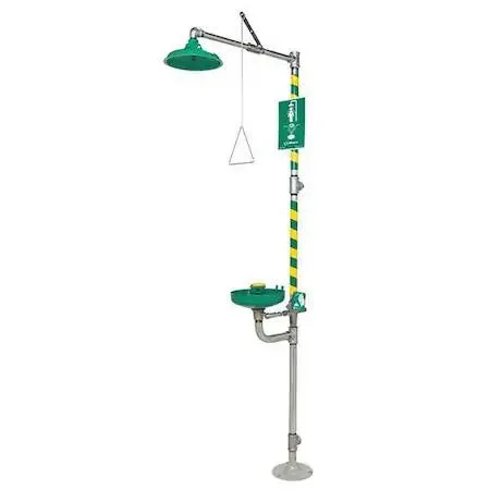 Floor-mounted emergency shower and eyewash unit with galvanised steel pipe and green-yellow finish, ninety-three inches tall