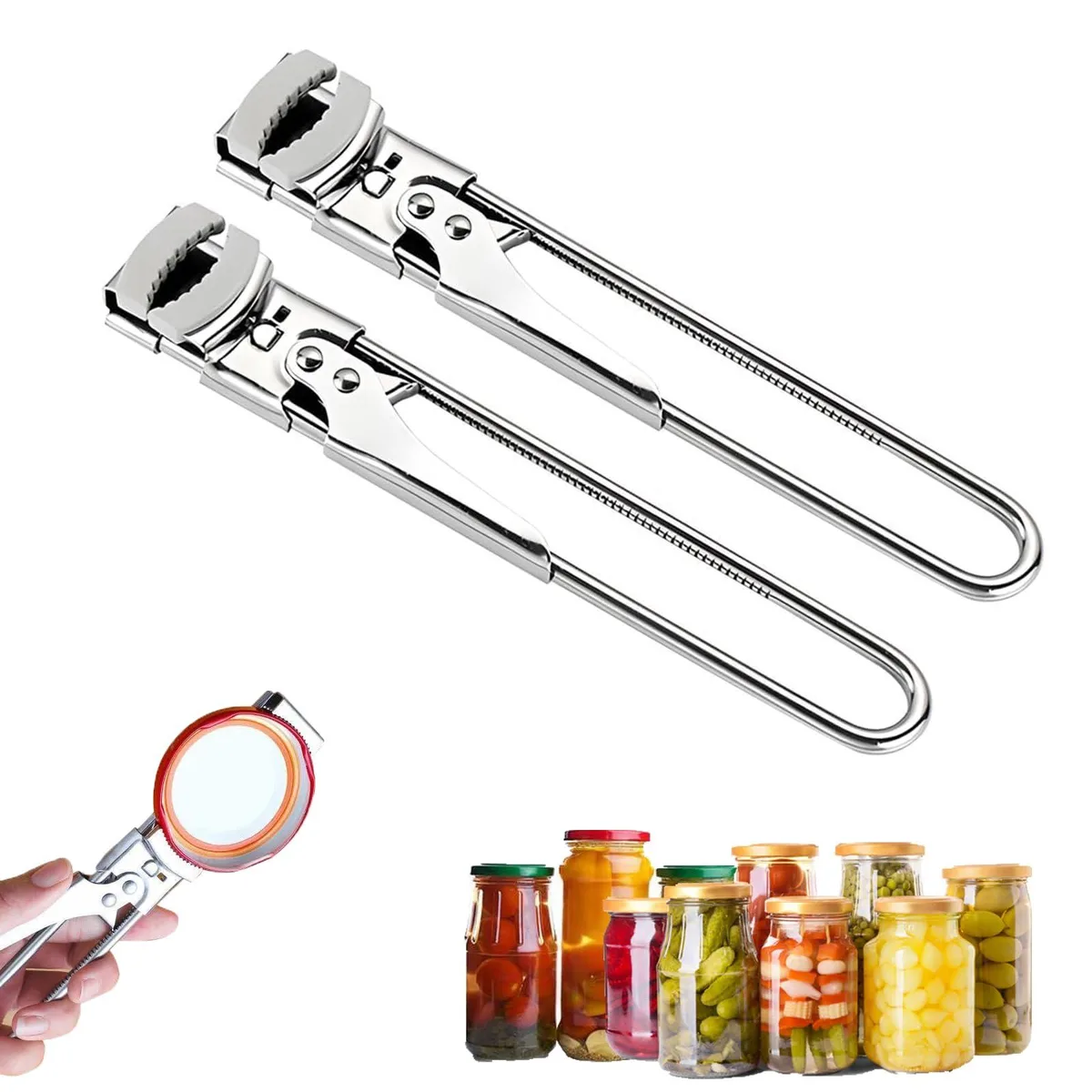 Two stainless steel jar openers with adjustable jaws, brushed finish, 7.75 by 1.18 inches each