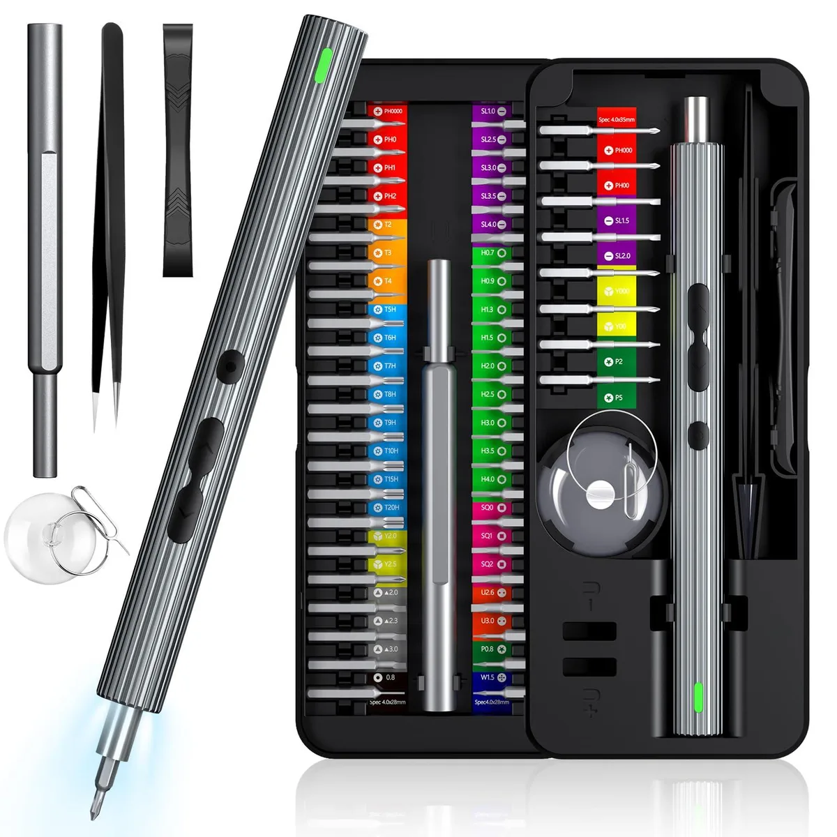 Black cordless mini electric screwdriver with 50 magnetic bits in compact case