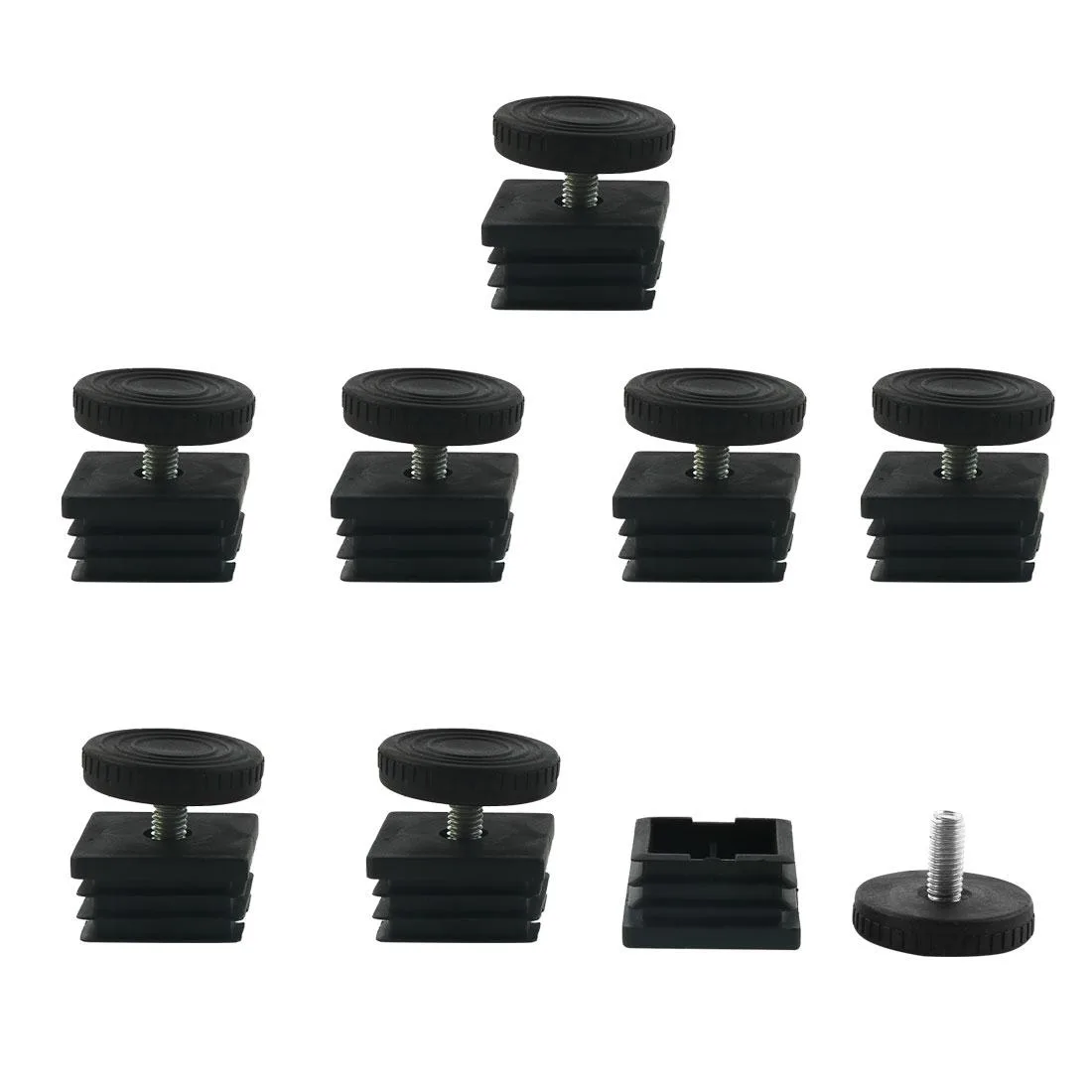 Eight sets of 38 mm square tube inserts with adjustable plastic leveling feet
