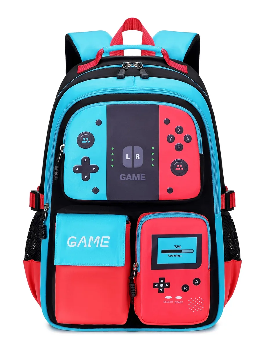 Blue and red cartoon laptop backpack, 18 inches, nylon, soft shell, padded straps