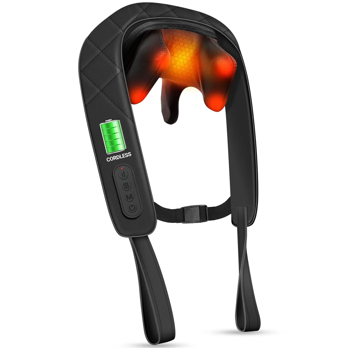 Black cordless neck massager with faux leather wrap-around design