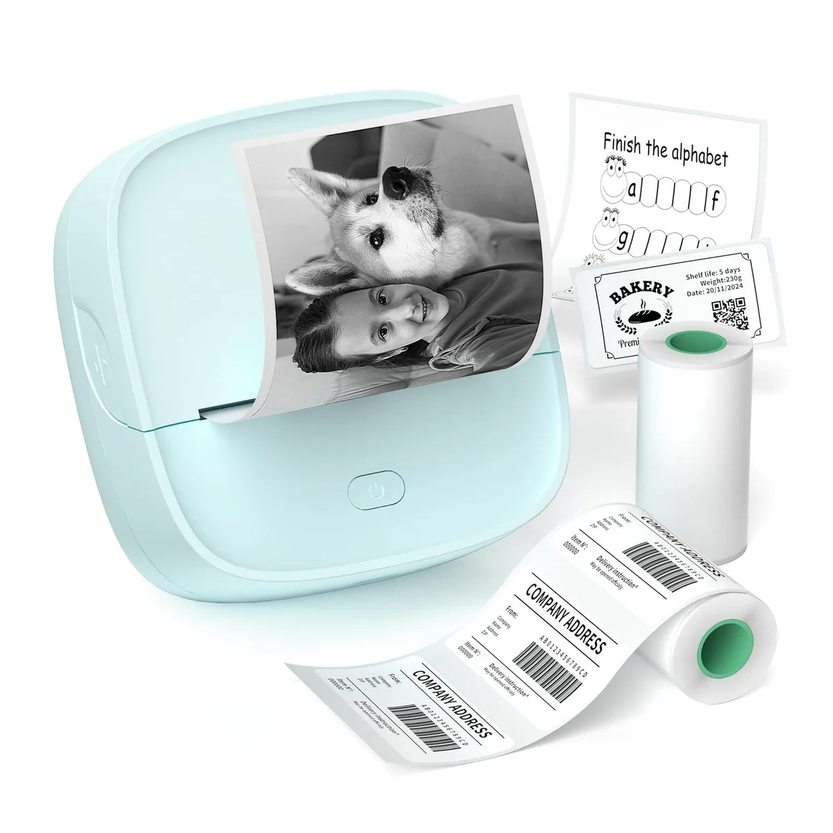 Compact white Casio JD-23 thermal label printer with rounded edges, USB and Bluetooth, shown with two sticker rolls