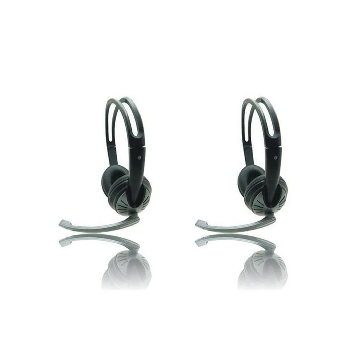 Two wired USB headsets with flexible overhead bands, on-ear cushioned cups, inline volume control and microphone mute, textile cables