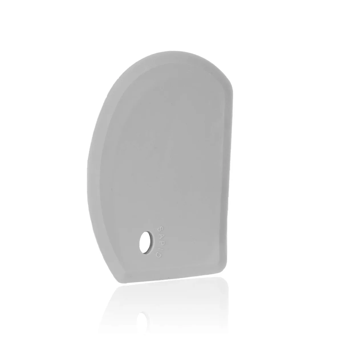 Grey flexible silicone bowl scraper with curved edge measuring 5.98 by 4.3 inches