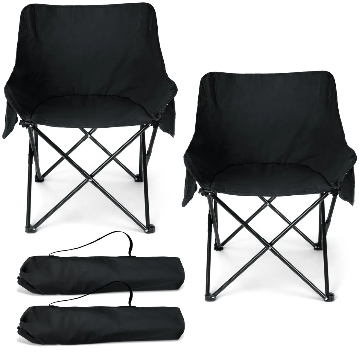 Black folding camping chair with steel frame, mesh side pockets and carry bag