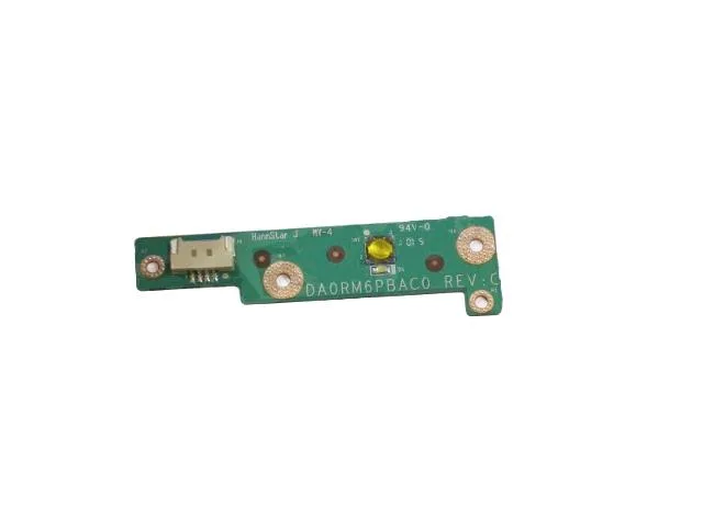 Small rectangular green circuit board with a silver button and ribbon connector
