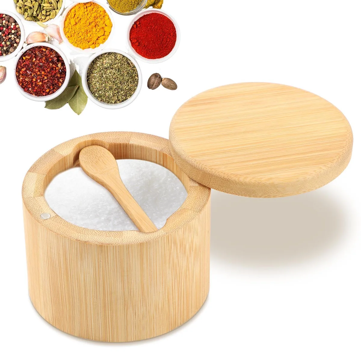 Round bamboo salt cellar with magnetic swivel lid and built-in spoon, wood finish