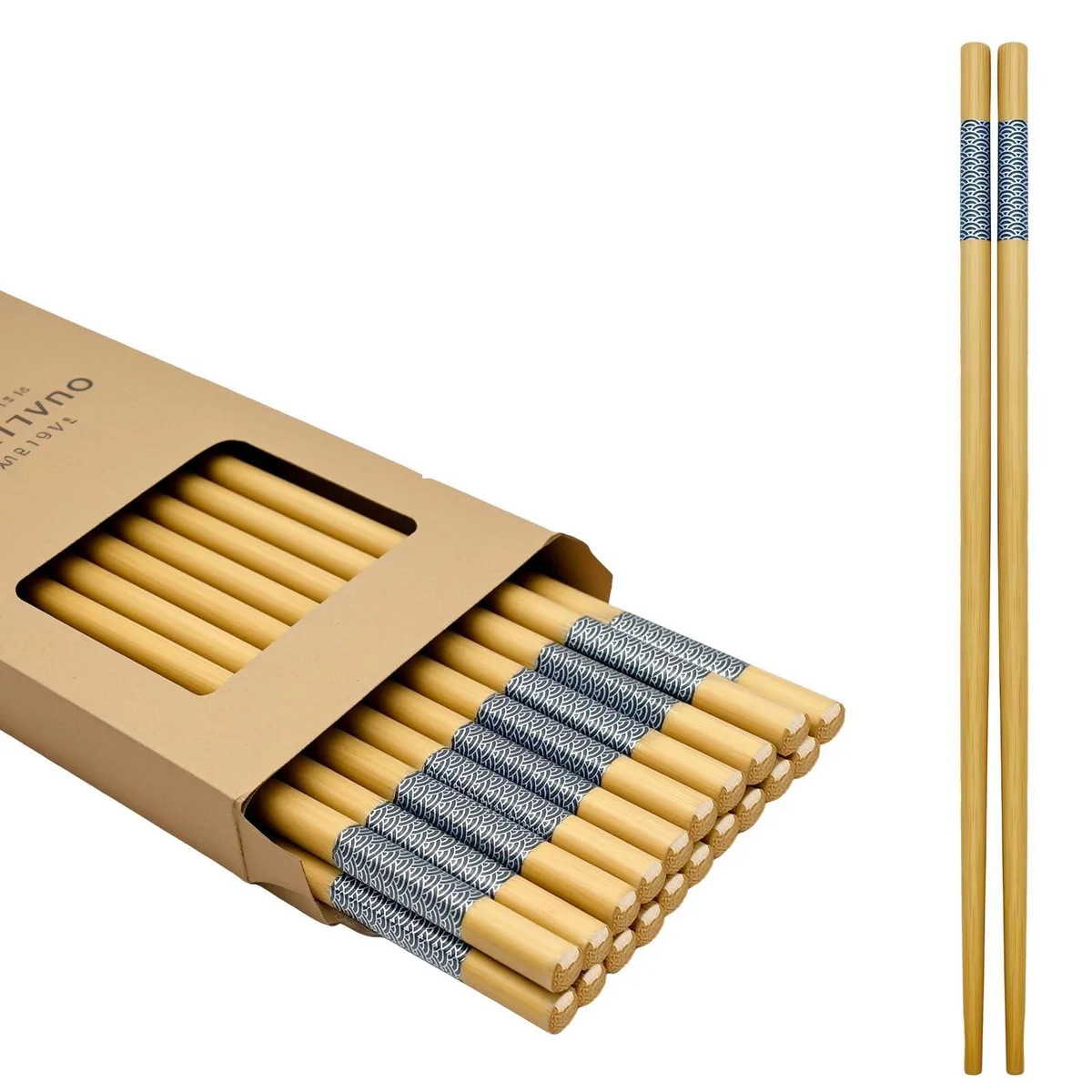 Ten pairs of natural bamboo chopsticks with carved pattern, 24 cm long