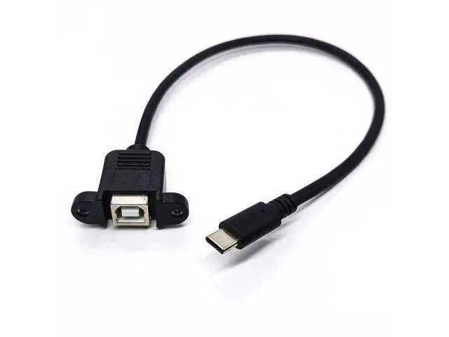 Short panel-mount cable with USB-B female and USB-C male connectors, screw-hole flanges