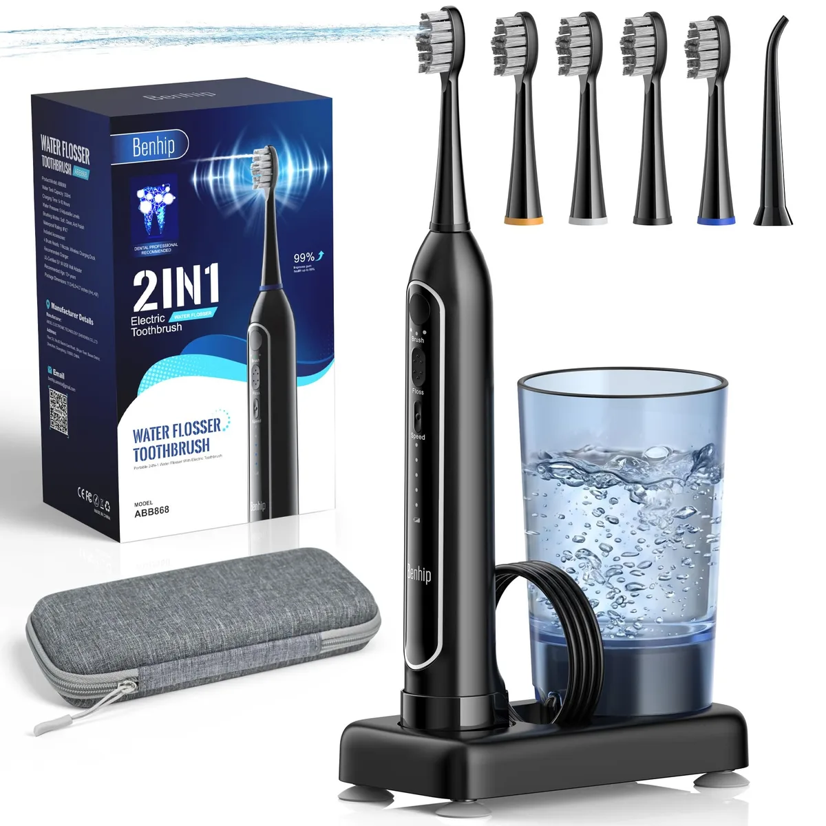 Black 2-in-1 sonic toothbrush and water flosser unit with travel case