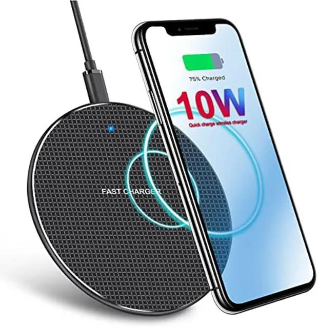 Square wireless charging pad with aluminium edge trim, textured top surface and non-slip silicone feet