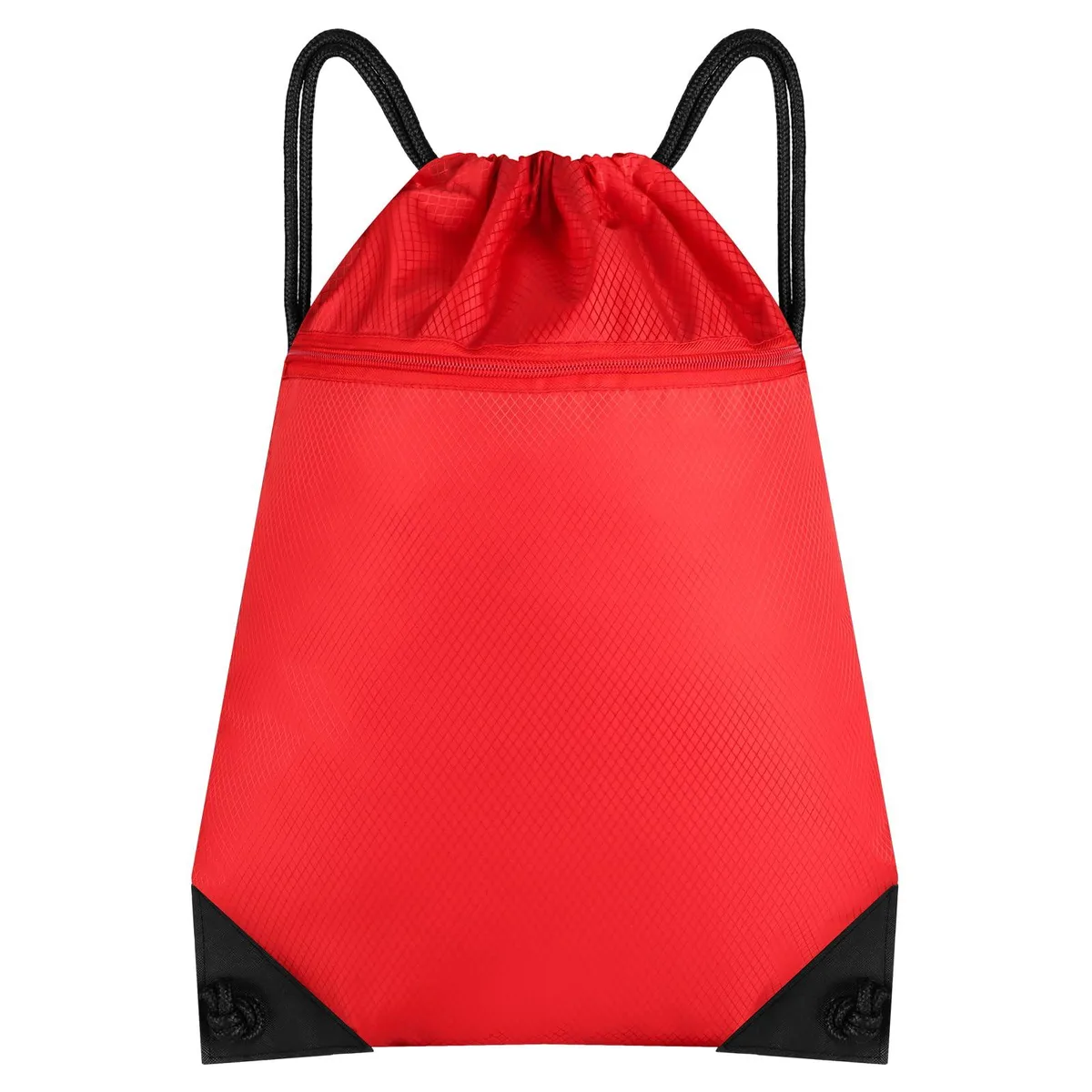 Red drawstring backpack in Oxford cloth, 34 by 43 cm, zip pocket, cinch closure