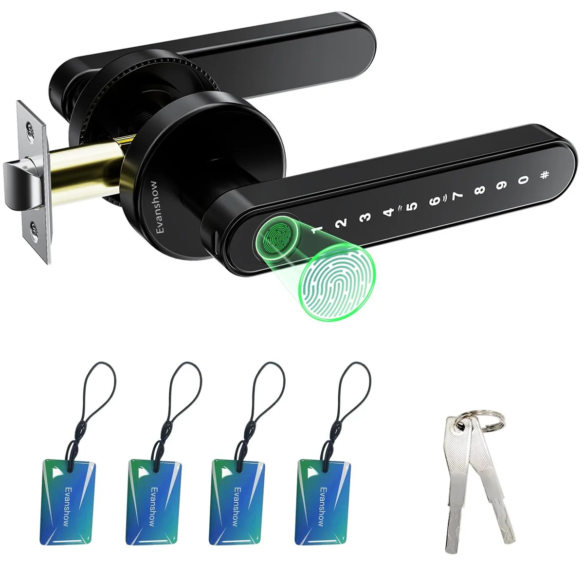Black aluminium door handle with fingerprint sensor, keypad and keyhole
